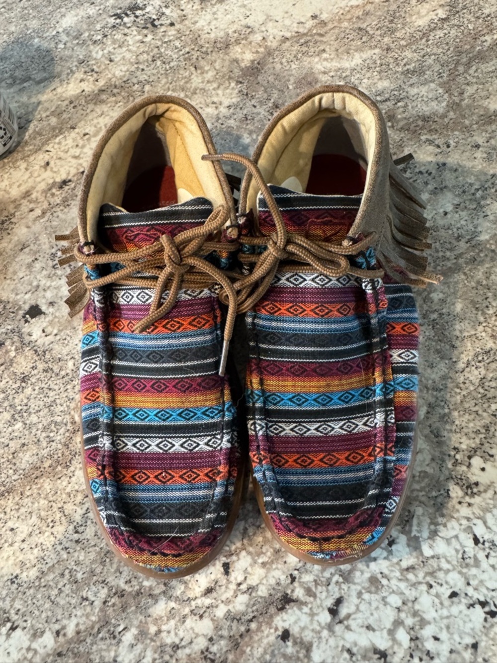 Twisted X Multicolor Woven Moccasin with Tan Fringe